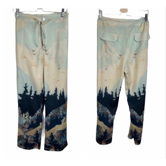 Drawstring Mountain Ombre Landscape Casual Pants Sz L - Picture 2 of 6